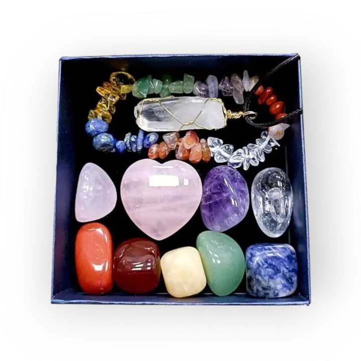 Set Bijuterii Cristale Vindecatoare, Bratara Colorata Cu Pietre Brute 7 Chakre, Colier Cristal Hexagonal,9 Cristale