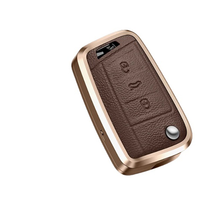 Husa pentru cheie, aluminiu maro cu piele VW Golf 7 Tiguan Seat Ateca Leon Ibiza Skoda Octavia Kodiaq Karoq Superb