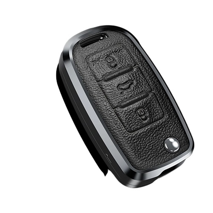 Husa pentru cheie, aluminiu negru cu piele Volkswagen VW Polo Golf Passat Tiguan Beetle Caddy T5 Up Eos Skoda Octavia Seat Leon Altea