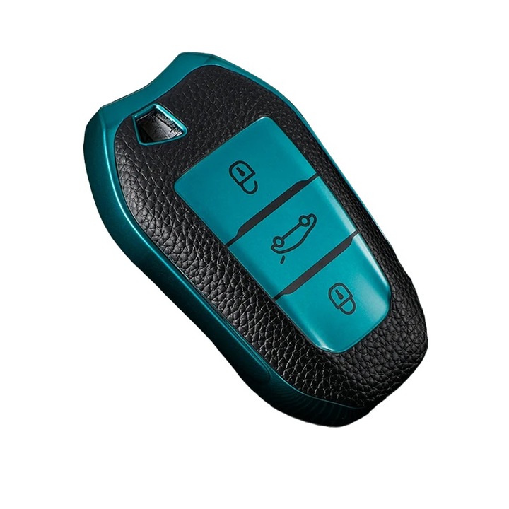 Husa pentru cheie smart, verde cu insertii piele Peugeot 2008 3008 4008 5008 308 408 508 Citroen C4 C4L C6 C3