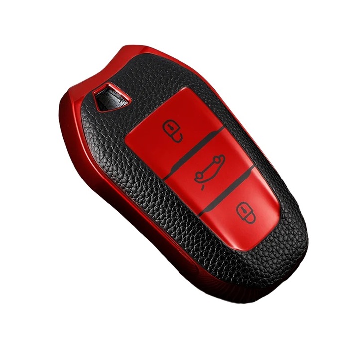 Калъф за смарт ключ червен с кожени вложки Peugeot 2008 3008 4008 5008 308 408 508 Citroen C4 C4L C6 C3-XR