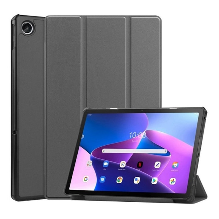 Tablet tok, kompatibilis, Lenovo Tab M10 Plus (TB128) LTE / Tab M10 Plus (TB125) WIFI Gigapack tok álló, bőr hatású (aktív flip, oldalra nyíló, trifold, asztali tartó) sötétszürke, gigapack csomagolás