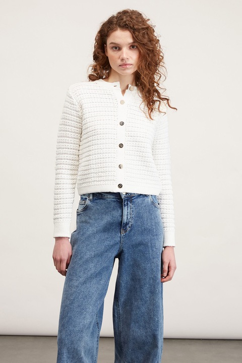 Motivi, Cardigan din amestec de bumbac cu nasturi, Alb/Bleumarin, S