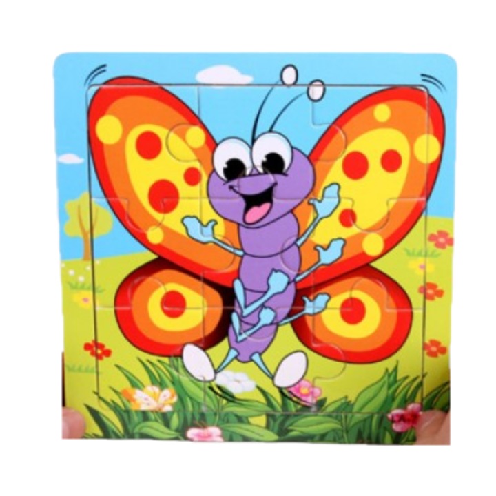 Fajáték puzzle, MilaBaby, Pillangó, 9 darabos, 15x15cm
