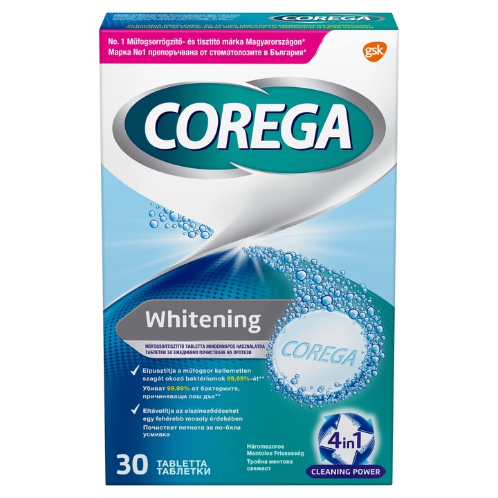 Corega Whitening műfogsortisztító tabletta mindennapos használatra, 30 db