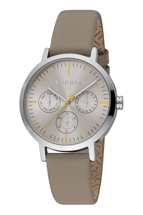 Esprit, Мултифункционален часовник с кожена каишка, Сребрист, Сиво-бежов