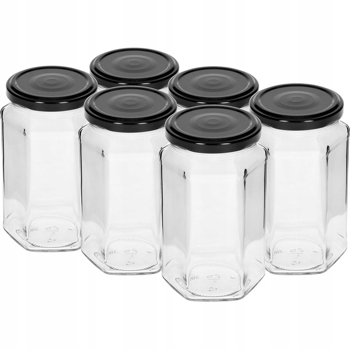 Set 6 borcane hexagonale cu capac, Browin, Sticla, 6 x 385 ml, Transparent/Negru