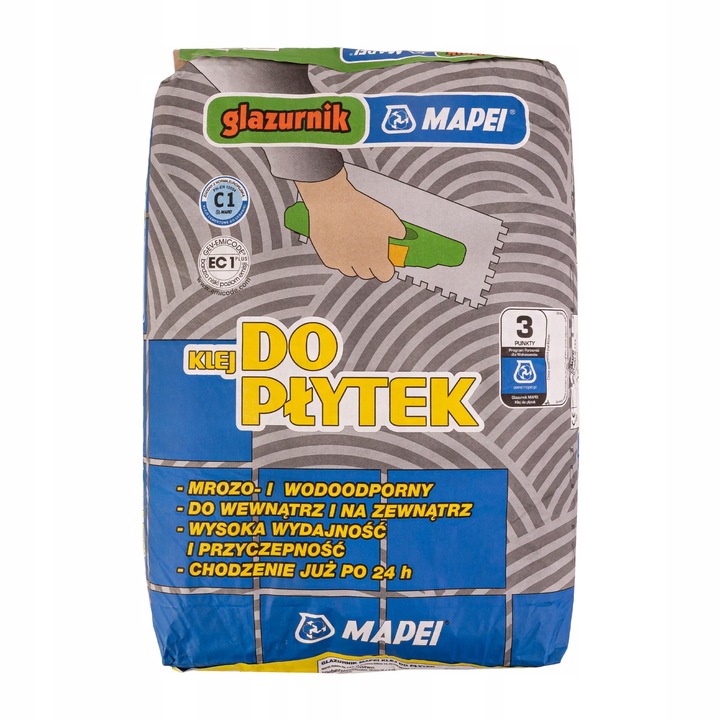 Лепило за плочки Глазурник, Mapei, 2-4 кг/м2, 25 кг, Сиво