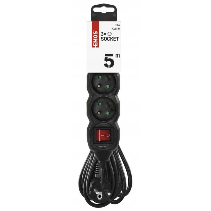 Удължител, Emos, 5м, С 3 букси, Черен