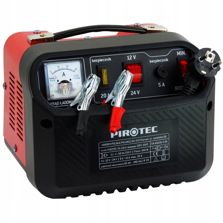 Autós egyenirányító, Pirotec, 12/24V, 50-200Ah, piros/fekete