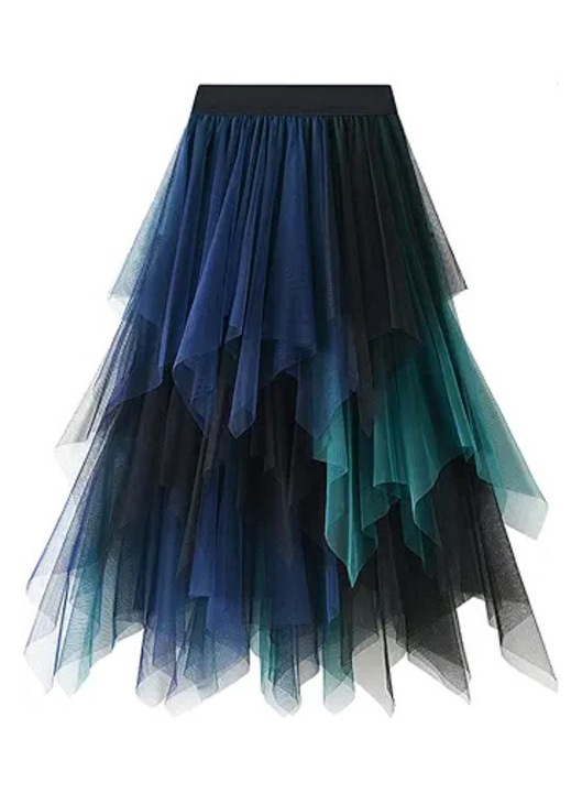 Női midi szoknya, tüll, kék/zöld, One Size INTL