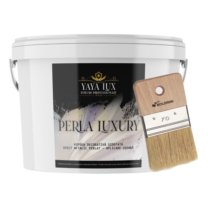 Vopsea Decorativa Perla Luxury cu Fulgi Perlati, Alb Perlat 5L si o Pensula de 70 mm, YaYa Color