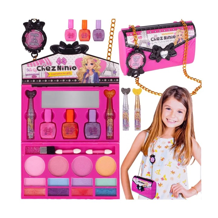 Poseta make up Pliabila idealSTORE pentru fetite, Include o multime de accesorii, NON-TOXIC, Sclipici Pudra, Lac de Unghii, Farduri, Oglinda, Culori luminoase si expresive, Accesorizata cu un lant pentru purtarea posetei oriunde doreste