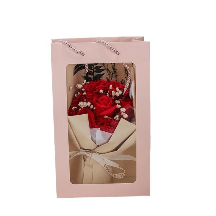 Buchet de trandafiri eterni cu geanta decorativa, 26x9,3x9 cm, Rosu