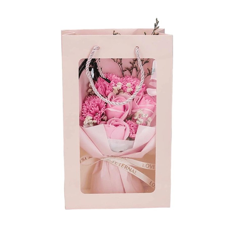 Buchet de trandafiri eterni intr-o punga decorativa, 26x9,3x9 cm, Roz