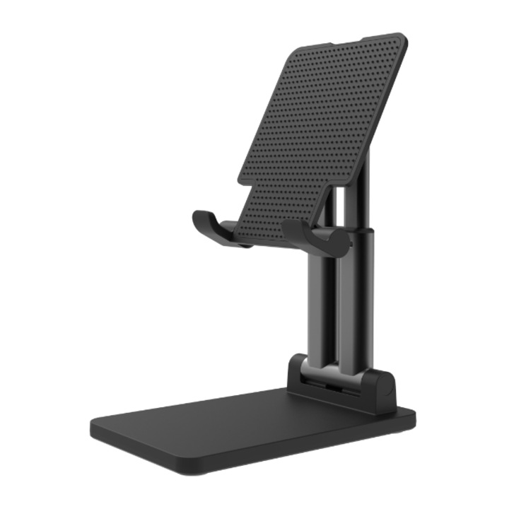 Suportul pliabil XO-C59 pentru telefon sau tableta de maxim 12.9 inch, cu brat extensibil si dock de incarcare, in culoarea Negru