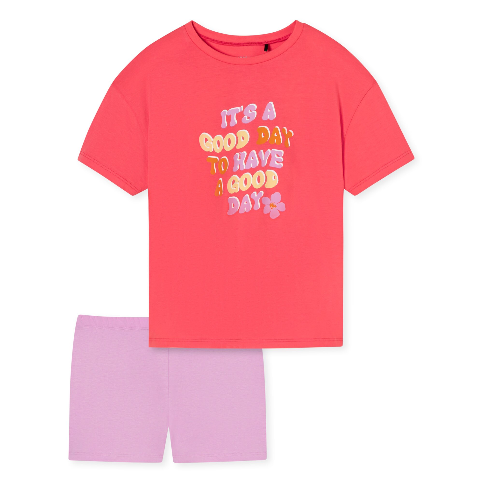 Schiesser, Pijama cu imprimeu text si pantaloni scurti, Rosu, Roz, 140 CM