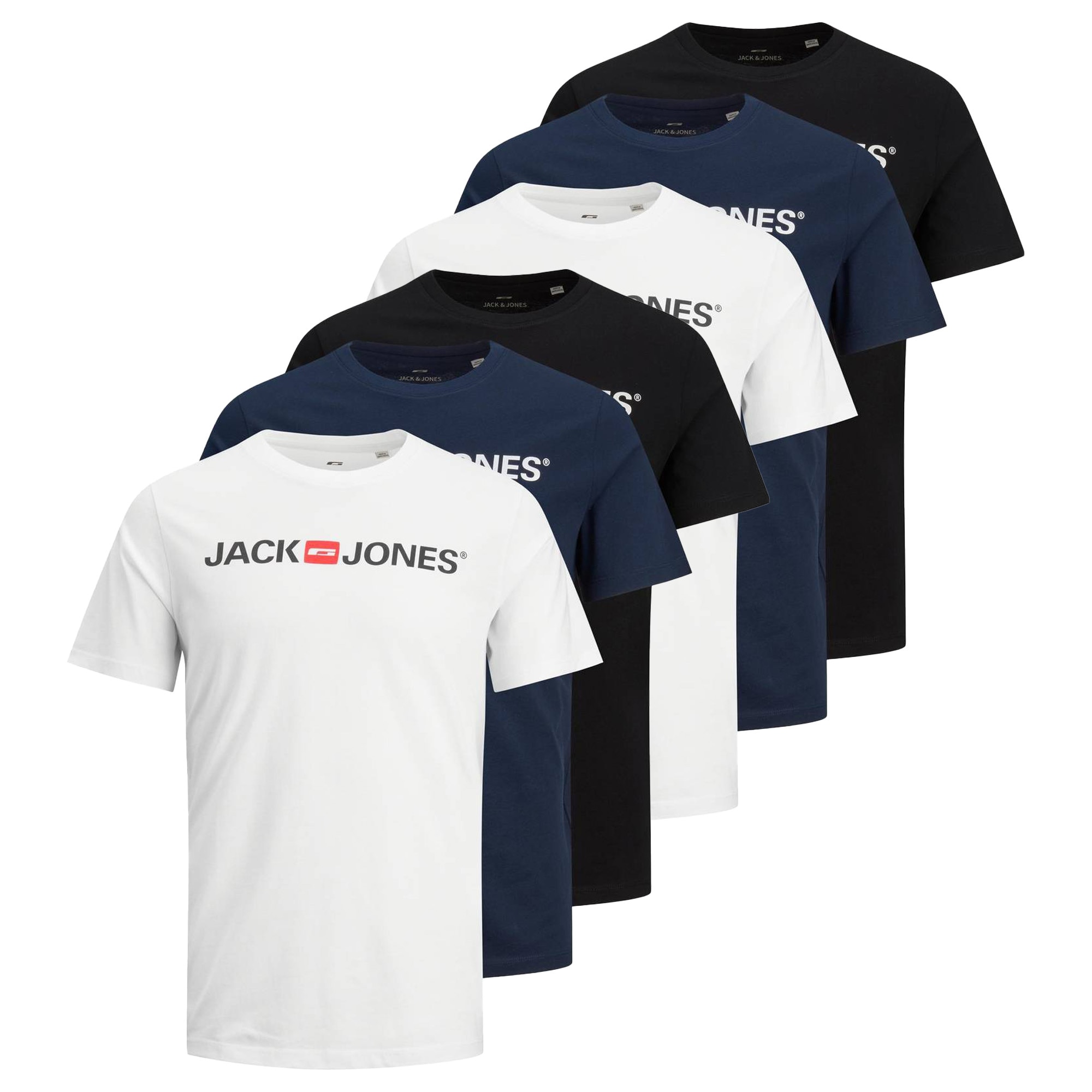 Jack & Jone, Set de tricouri cu decolteu la baza gatului Corp - 6 piese, Negru, Alb, Albastru, 2XL