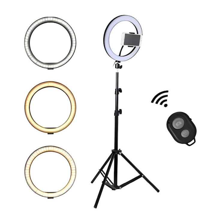 Lampa Circulara Ring Light, 120 x LED SMD, Lumina rece, calda si neutra, Photo, Video si MakeUp cu trepied 210cm inclus, Diametru 30 cm, conectare USB, Reglaj intensitate, Suport telefon, Alb-Negru, Promerco®