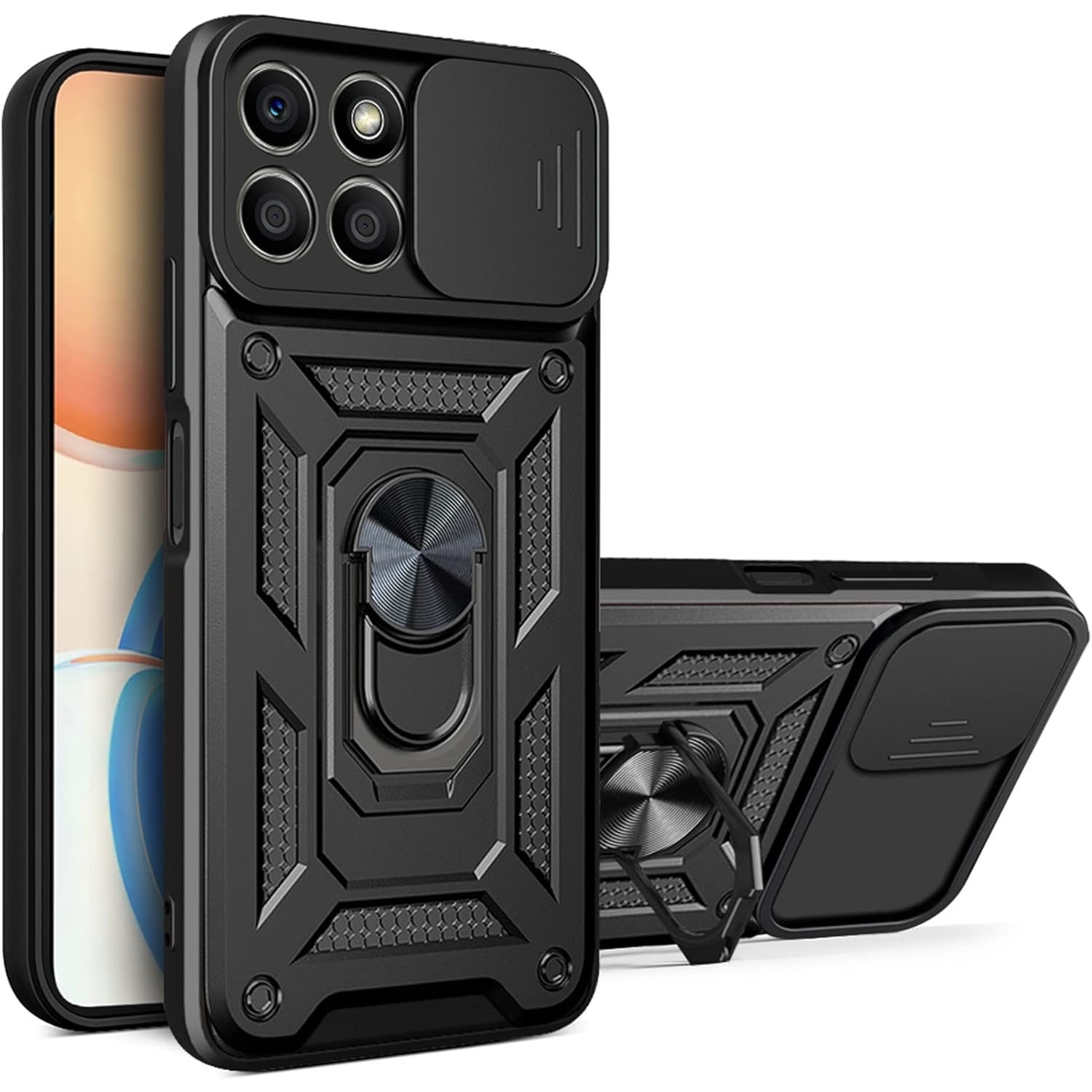 Husa pentru Honor X8b Anti-Shock Rugged cu inel rotativ, Ring Armor Kickstand, cu slider pentru protectie lentile, Aiyando, negru