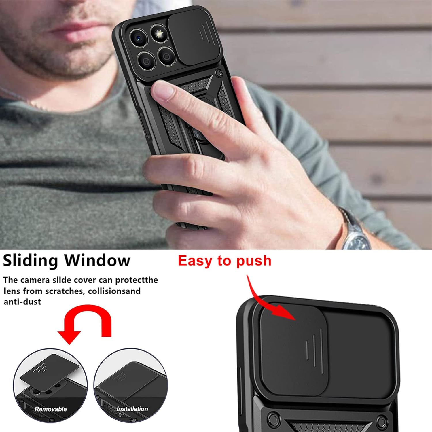 Husa pentru Honor X8b Anti-Shock Rugged cu inel rotativ, Ring Armor Kickstand, cu slider pentru protectie lentile, Aiyando, negru