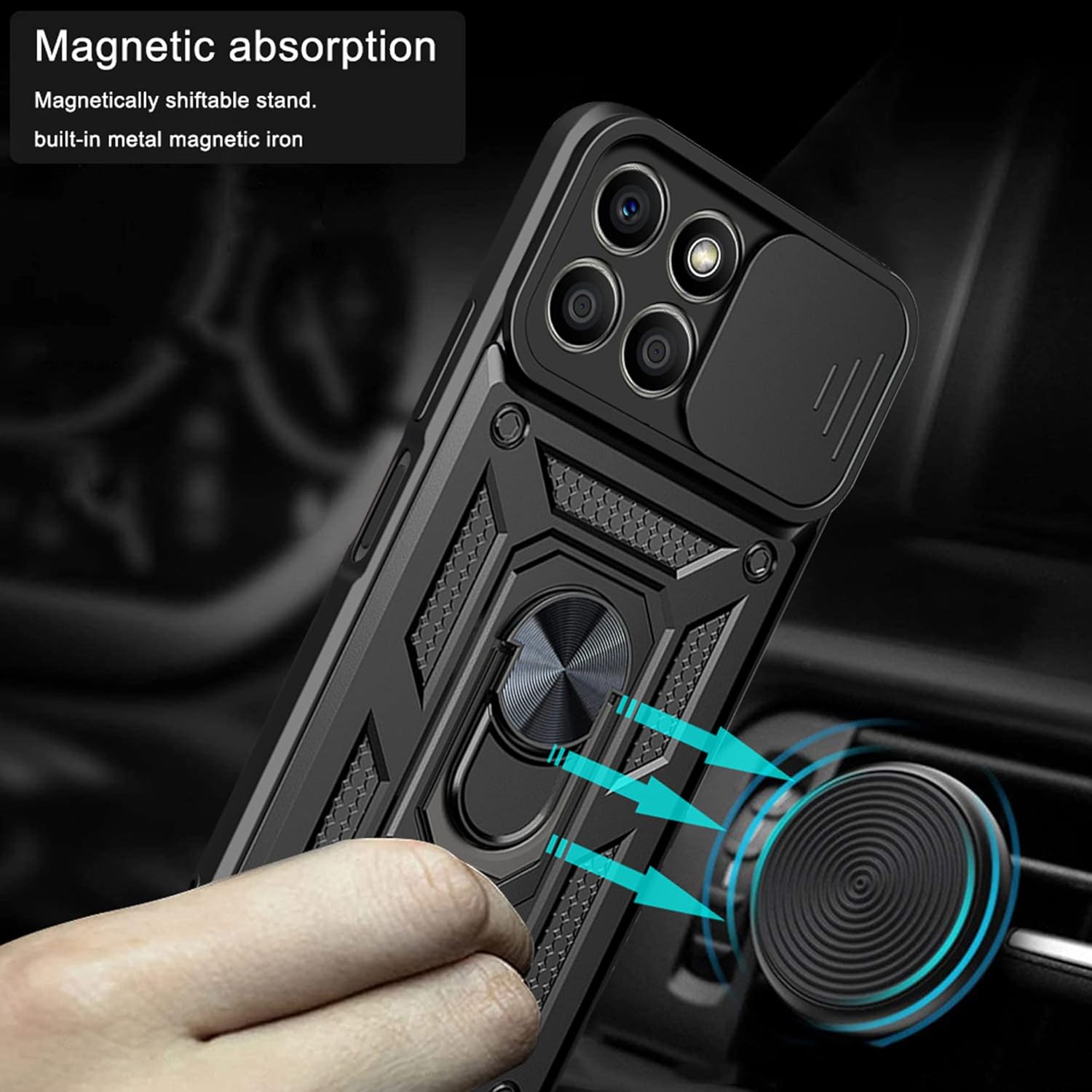 Husa pentru Honor X8b Anti-Shock Rugged cu inel rotativ, Ring Armor Kickstand, cu slider pentru protectie lentile, Aiyando, negru