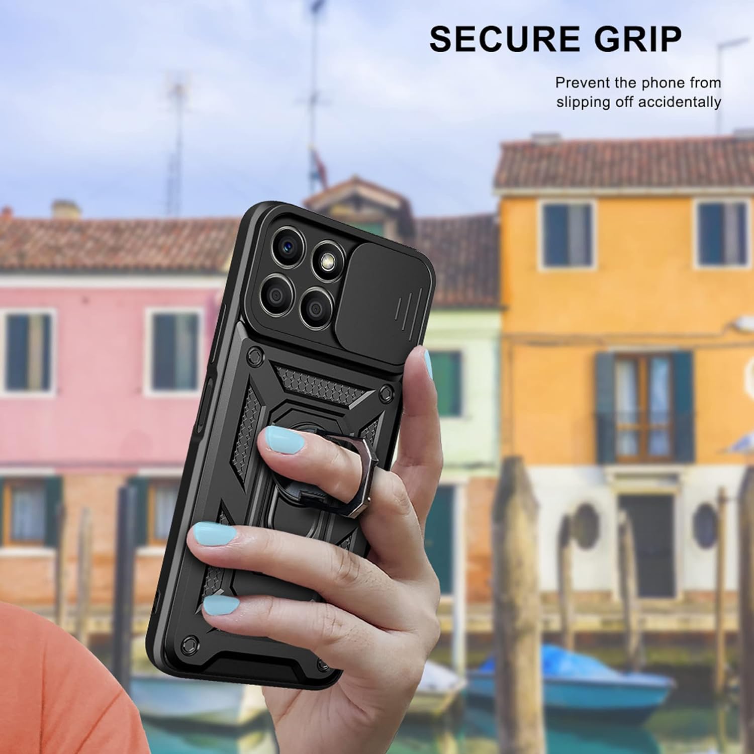 Husa pentru Honor X8b Anti-Shock Rugged cu inel rotativ, Ring Armor Kickstand, cu slider pentru protectie lentile, Aiyando, negru