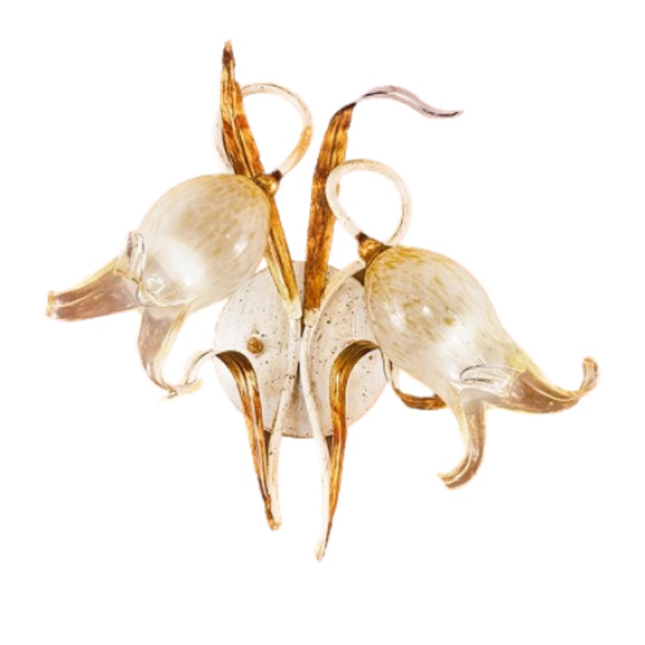 Стенна лампа WA 2-1204/2 FLORENTINER E14 2x40W Ковано желязо Зелено/Златисто Имитация на цветя Стъклен абажур Имитация на цветя Луковици Опал/Кафяв ORION