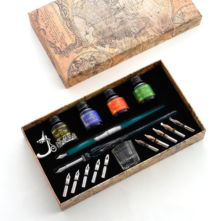 Комплект старинни калиграфски химикалки, Adomnes, 2 дървени/кристални инструмента за писане, 10 резервни метални накрайника, 4 писалки с мастило в различни цветове, Стойка, Зелена