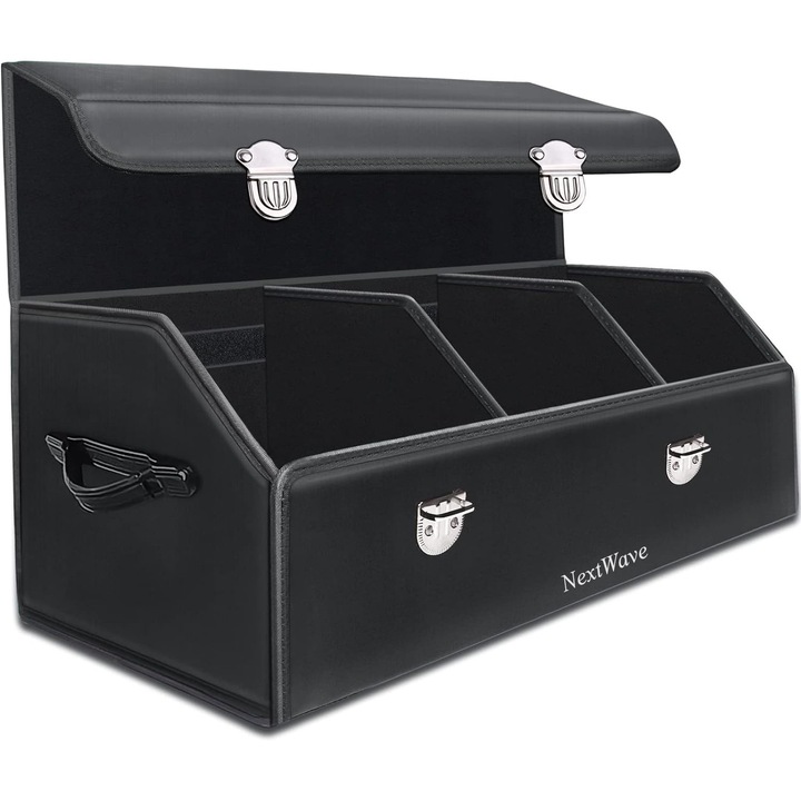 Organizator portbagaj auto Premium NextWave®️, Multifunctional, Pliabil, Rezistent, Prindere cu catarame, 3 compartimente mari, 75x31x30 cm, Negru