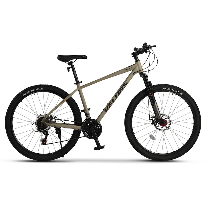 Bicicleta MTB de munte Velors Rambler JSX27311, cadru cu cabluri integrate, echipare Shimano, suspensie fata, roata 27.5 inch, frana disc fata/spate, 21 viteze, culoare olive cu negru