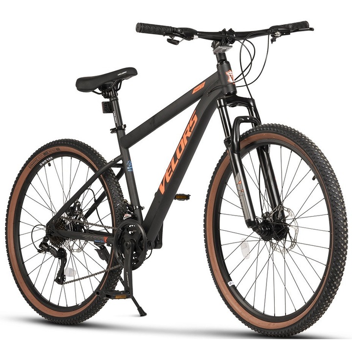 Bicicleta MTB cu roti de 27,5", Suspensie fata, Manete Secventiale, Echipare Shimano/SunRun, Frane DISC, 21 Viteze, negru/portocaliu, Mountain Bike Velors Boost 27" cu Cadru din Otel si Cabluri Integrate