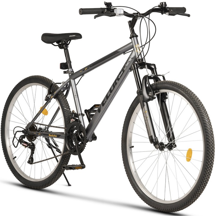 MTB kerékpár 26"-os kerekekkel, első felfüggesztés, SunRun felszerelés, V-fék, 21 sebesség, szürke/fekete, Mountain Bike Velors RockStar acél vázzal