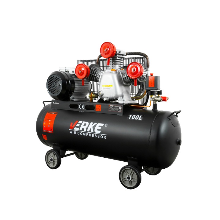 Compresor 100 litri, 3 pistoane pe ulei, motor electri 4 CP, 230 V, 360 L/min, presiune 8 bari, profesional, Verke