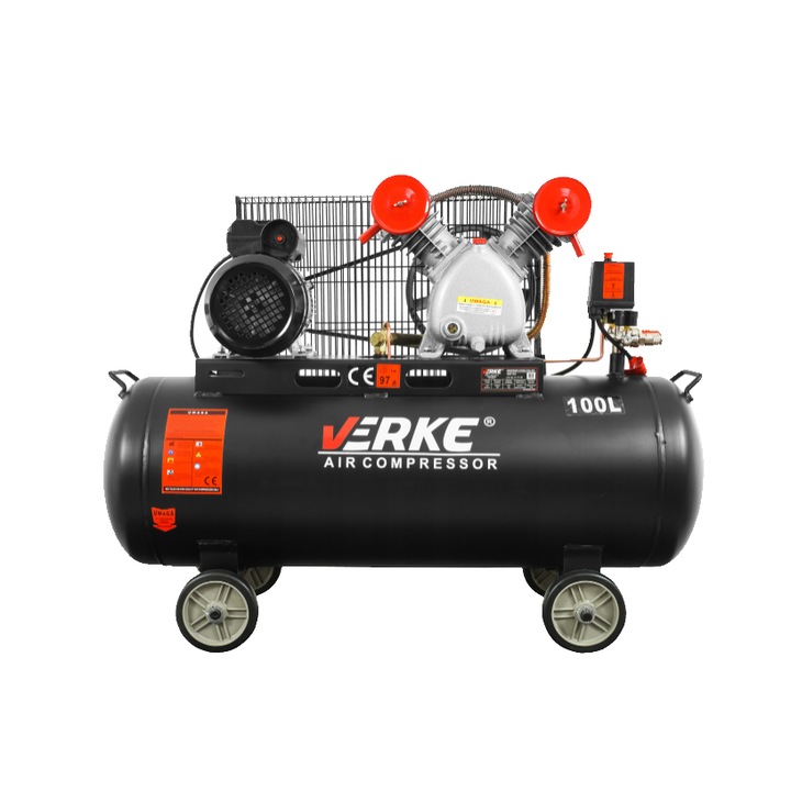 Compresor 100 litri, 2 pistoane pe ulei, motor electric 3 CP, 230 V, 250 L/min, presiune 8 bari, profesional, Verke