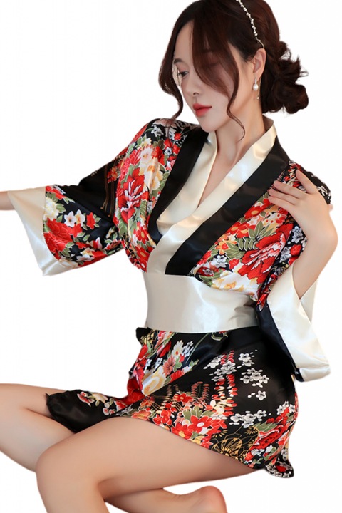 Комплект еротично бельо, секси японско кимоно, шнур и прашки бикини YML-1306 черно 96294, Черен, S-M