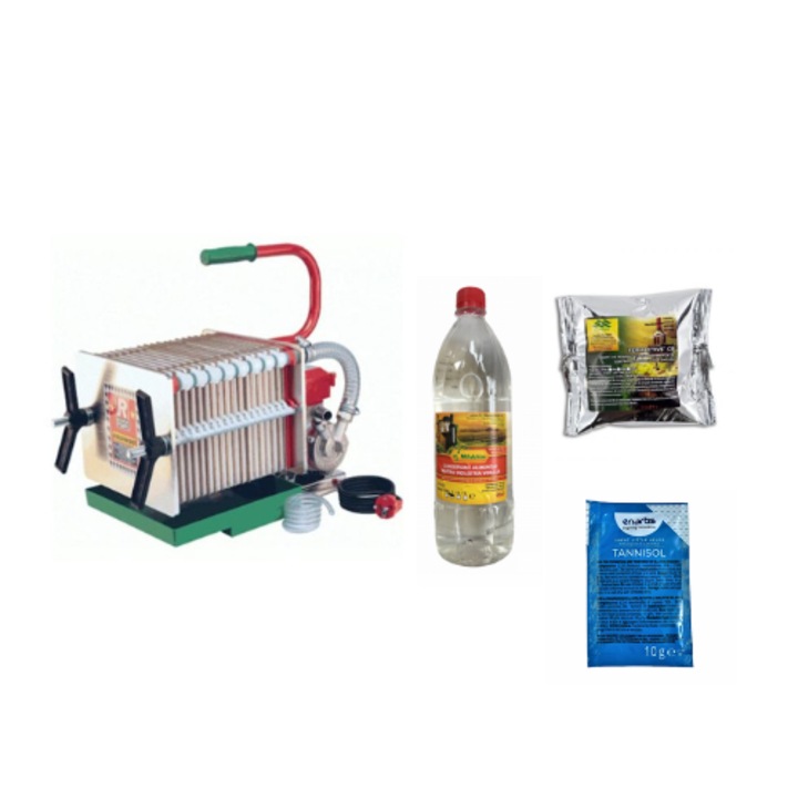 Pachet Aparat de filtrare vin Colombo 18 INOX, 550-800 l/h + Antioxidant pentru vin Tannisol, plic 10 gr + Drojdie pentru vin Fermactive CB, 20 grame + Conservant alimentar pentru vin, 1 l