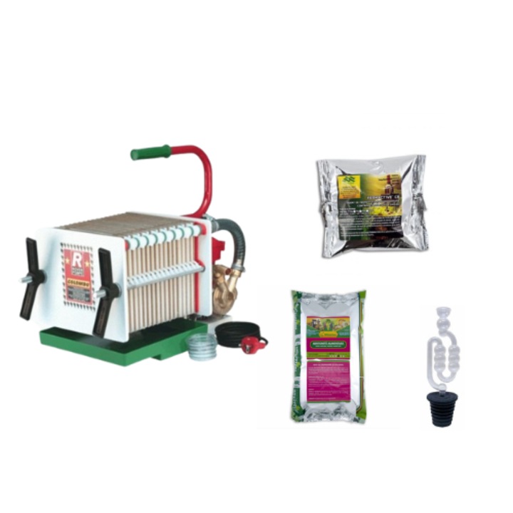 Pachet Aparat de filtrare vin Colombo 18, 550-800 l/h + Dop damigeana cu sepentina Sita, 54 l, 5 bucati + Drojdie pentru vin Fermactive CB, 20 grame + Bentonita alimentara pentru limpezirea vinului, Milfalchim, 1 kg