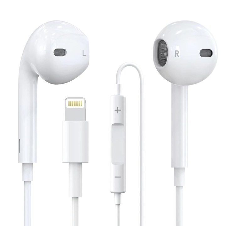 Casti cu fir in-ear pentru Apple, tip Lightning Jack, Telecomanda apeluri si volum, Microfon incorporat, Stereo Sound, Sensivitate audio 90 dB, Alb, Promerco®