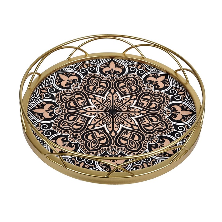 Tava metalica de servit rotunda Shopiens® aurie maro nude cu model mandala, 32 cm