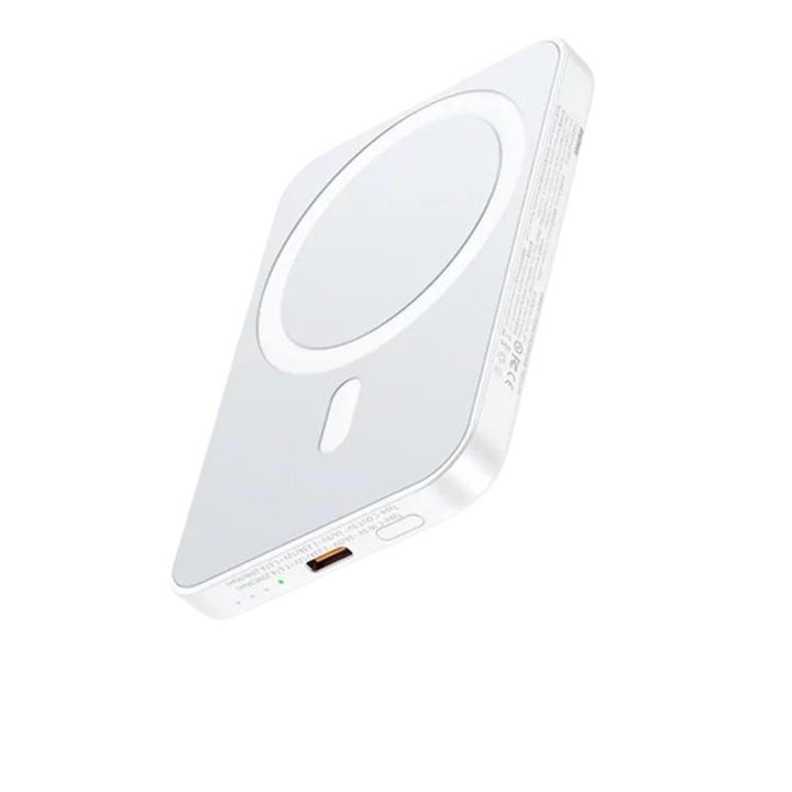 Baterie Externa wireless Magnetica TU&YA®, Capacitate 10.000 mAh, Universala si pentru Tigara electronica prin cablu USB, Pd 20W Fast Charging, Afisaj Digital Led, Magsafe, Alba