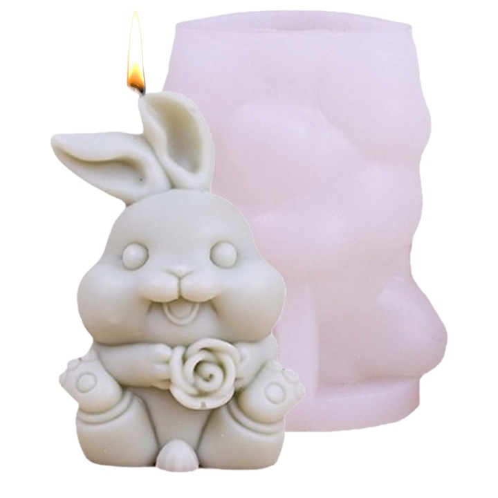 Matrita de silicon, Milmatt, Model iepuras de Paste cu trandafir, pentru lumanari, silicon alimentar, non toxic, 90 x 65 mm