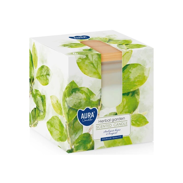 Ароматизирана свещ Bispol Aura "Билкова градина" Градински растения, чаша от матирано стъкло, два пламъка, дървен капак 1 бр.