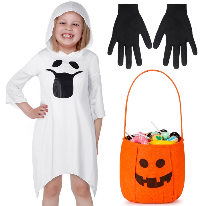 Costum fantoma Casper pentru copii, Set cu manusi si sac pentru dulciuri, marimea M, 8-10 ani