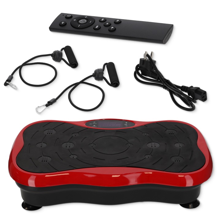 Aparat vibromasaj, 4FIZJO, platforma vibratii cu 2 benzi de rezistenta fitness, greutate maxim admisa 120 kg, putere 200 W, 99 niveluri de vibratii, telecomanda inclusa, Bluetooth, USB, Rosu