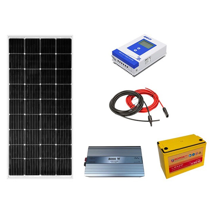 Kit fotovoltaic solar off-grid, panou 200W, invertor sinus pur 8000W, controller MMPT 20A, baterie solara AGM 105 Ah, cabana, rulota, locuri izolate, container, Solid Volt