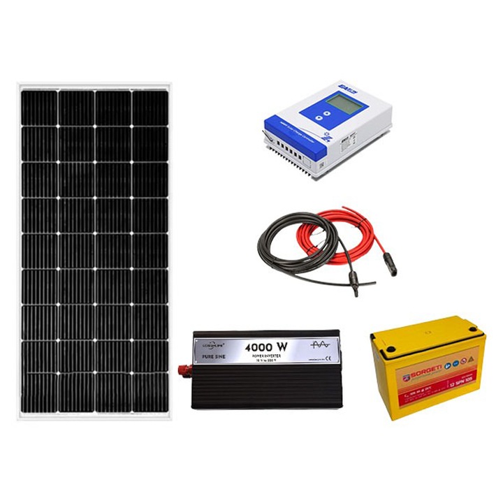 Kit fotovoltaic solar off-grid, panou 200W, invertor sinus pur 4000W, controller MMPT 20A, baterie solara AGM 105 Ah, cabana, rulota, locuri izolate, container, Solid Volt