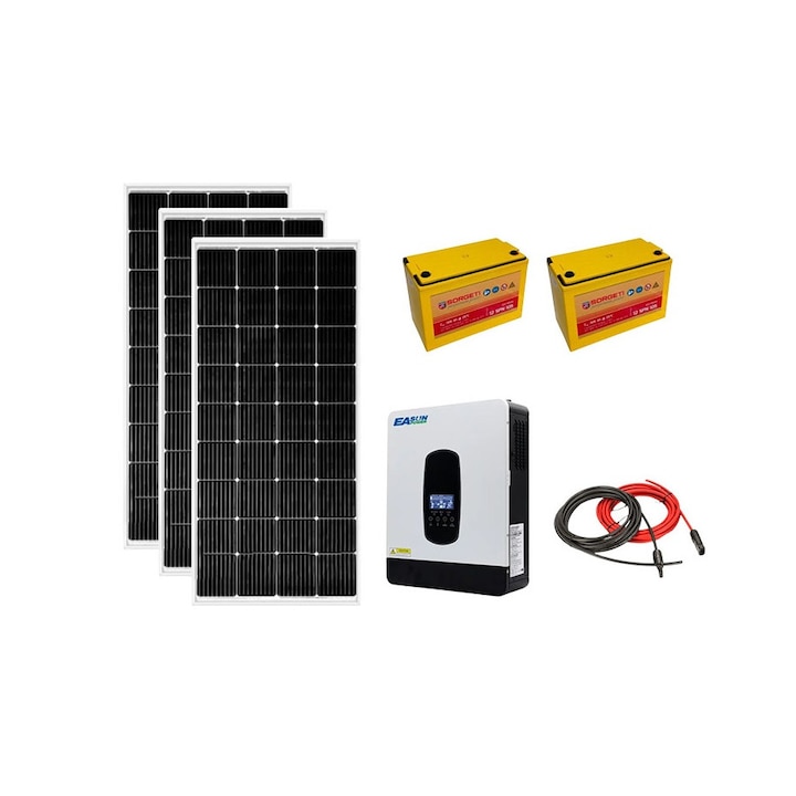 Kit fotovoltaic solar off-grid cu Invertor hybrid 2.2KW, MPPT controler incorporat, 3 panouri 200W, baterii solare AGM 105 Ah, cabana, rulota, locuri izolate, container, Solid Volt