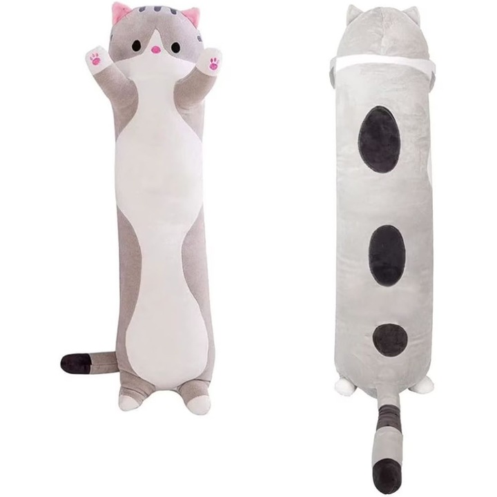 Jucarie de Plus Pisica, Tip Perna, Umplutura Hipoalergenica, 110 cm, Culoare Gri, Impact Vision®