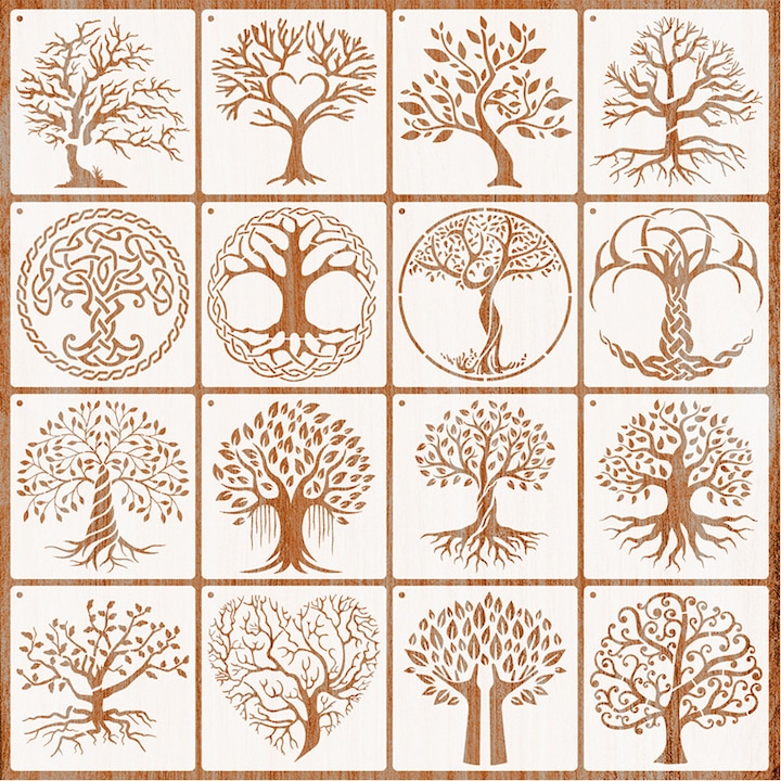 Set 16 sabloane decorative, AllizBan, 15x15 cm, Decoratiune Copacul Vietii